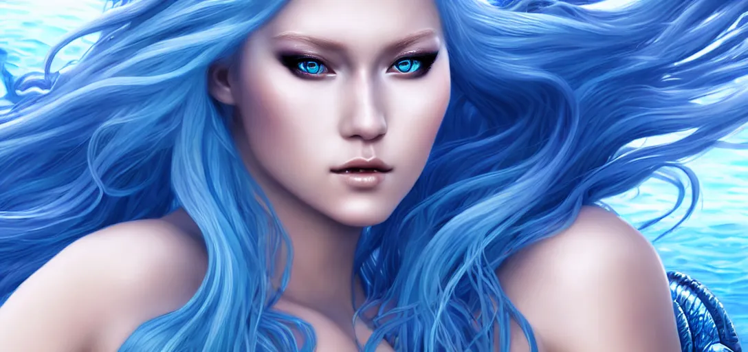 Image similar to close up portrait photo of a gorgeous female mermaid with long blue hair wearing metal armor in the style of stefan kostic, realistic, half body shot, sharp focus, 8 k high definition, insanely detailed, intricate, elegant, art by stanley lau and artgerm, extreme blur coral reef background