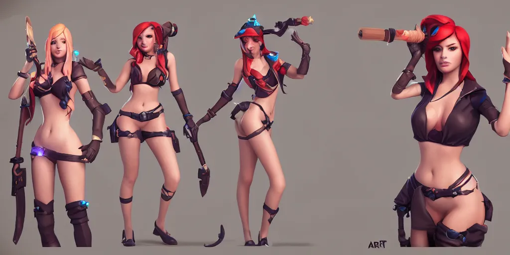 Image similar to Character sheet of pool party miss fortune (League of Legends). 3d unreal engine 5 trending on artstation