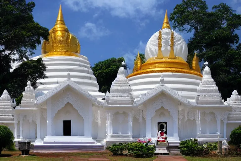 Image similar to sri lankan temple with white stupa, drawn by hayao miyazaki