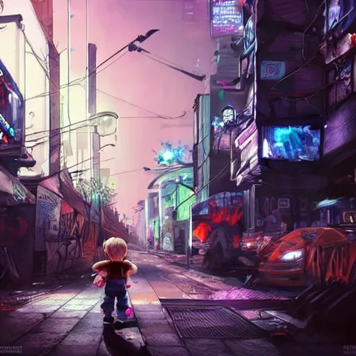 Prompt: Chucky in a cyberpunk street, concept art, digital art, well detailed, trending on artstation, 8k