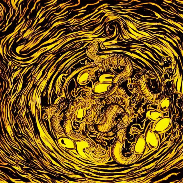 Image similar to a golden egg cracking open with a many headed serpent rising out, occult aesthetics alchemy, award winning art, chromatic aberration