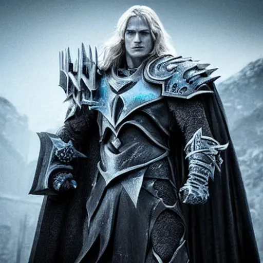 Image similar to Henry Cavill is arthas menethil the lich king realistic concept art