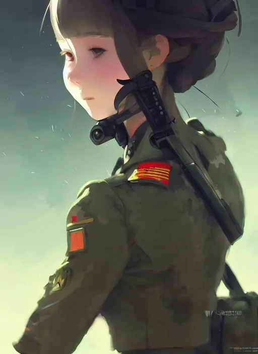 Prompt: portrait of cute soldier girl taking cover, black sky background lush landscape illustration concept art anime key visual trending pixiv fanbox by wlop and greg rutkowski and makoto shinkai and studio ghibli and kyoto animation soldier clothing military gear realistic anatomy mechanized