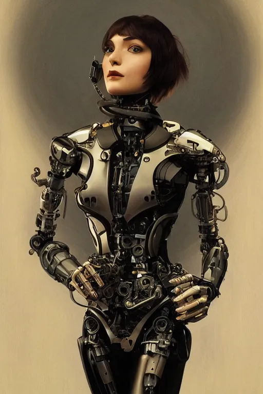 Prompt: a portrait of an intricate and beautiful female robot, mechanical body and torso, mechanical arms, wearing a leather jacket, expressive carbon fibre face, bob cut hair, cinematic, intricate details and textures, soft lighting, epic pose, by artgerm, greg rutkowski, alphonse mucha, 8 k