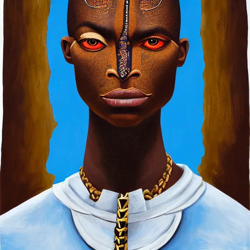 Prompt: a professionally painted african male model , clothed in ancient street wear, dark skin, red gold hair, beautiful bone structure, big symmetrical scar features, stunningly, beautiful, intricate, elegant, digital painting, smooth, sharp focus, illustration, made by Kehinde Wiley, Kara Walker, Jacob Lawrence, Sam Gilliam, Edmonia Lewis,