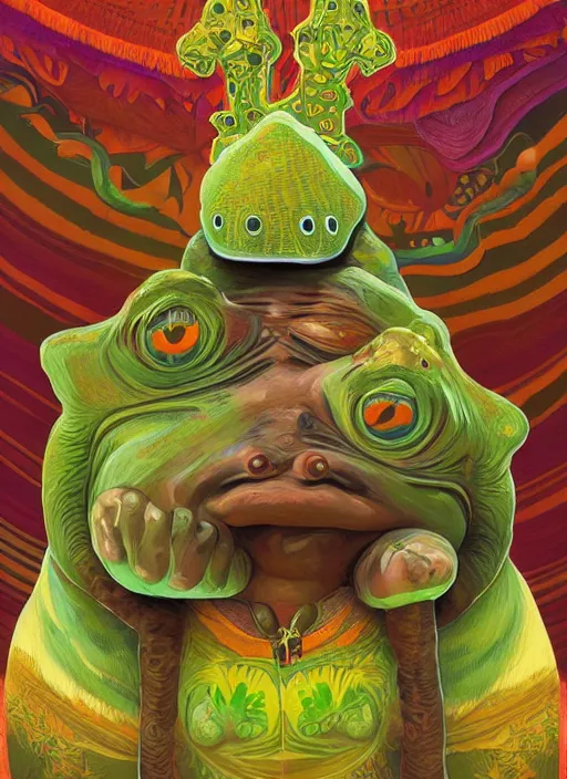 Prompt: zulu shaman sitting inside mouth of large wooden frog. flower fractals in he background. a matte symmetrical portrait award winning abstract art at the tate modern art gallery. by rhads and anato finnstark and alphonse mucha