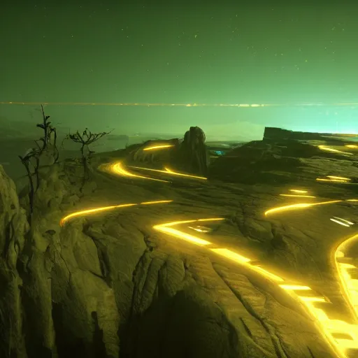 Image similar to a thousand foot cliff overlooking an alien wasteland. night setting. tron style. realistic shaded lighting. unreal engine. bloom.