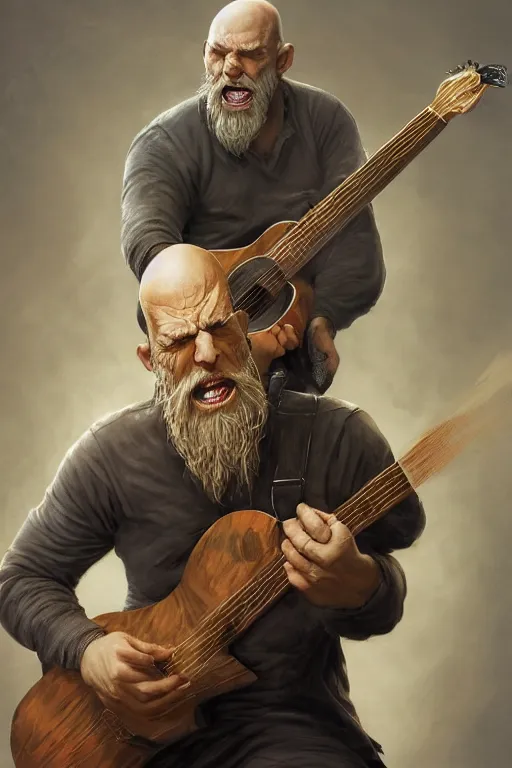 Image similar to a grumpy bald man with a long grey beard playing the guitar, black clothing, 3 d render, hyper - realistic detailed portrait, fantasy, magic the gathering, hyper detailed, octane render, concept art, peter andrew jones, frank frazetta, dan mumford, magali villeneuve