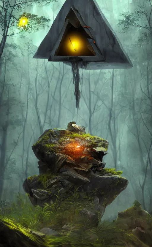 Image similar to dark fantasy photorealistic concept art of bill cipher floating in the middle of a forest with glowing yellow eyes, and pebbles floating in the air, gloomy seen, dynamic lighting, ambient lighting, atmospherical, stunning visuals, creative, cinematic, ultra detailed, trending on art station