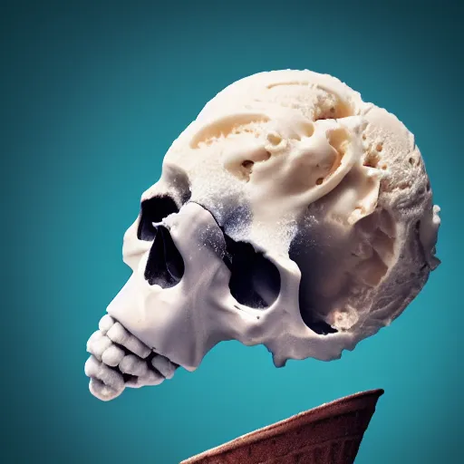 Prompt: skull melting in ice cream cone, photoreal, octane, 5 0 mm lens