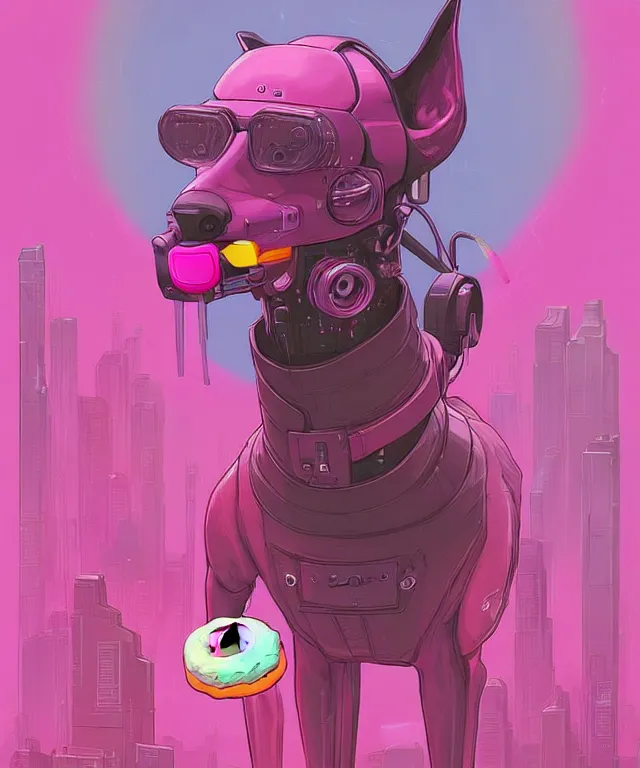 Image similar to a portrait of an anthropomorphic cyberpunk greyhound dog eating a pink donut, cyberpunk!, cyberpunk cityscape background, fantasy, elegant, digital painting, artstation, concept art, matte, sharp focus, illustration, art by josan gonzalez