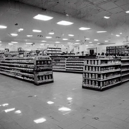 Prompt: an empty grocery store with lots of fog, 1 9 9 0 s photo