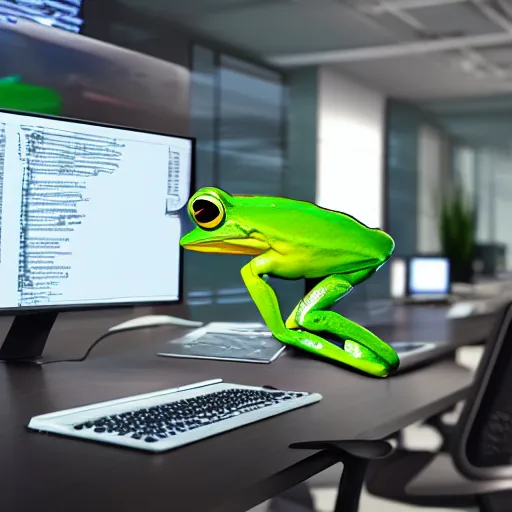 Image similar to a frog working as a software developer in an office, 8k, hyper realistic, render