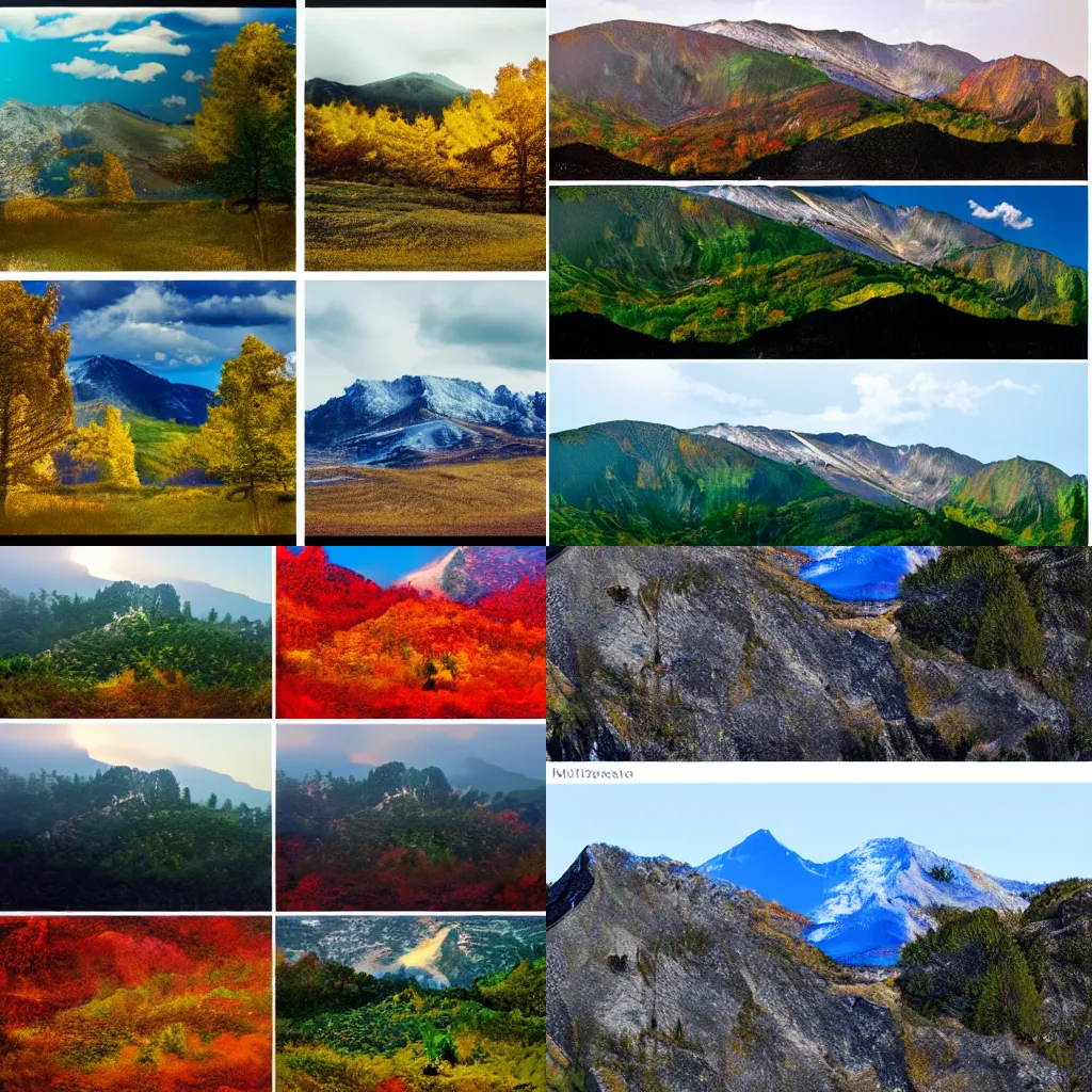 Prompt: collage of 4 images showing the same mountain landscape through the 4 seasons