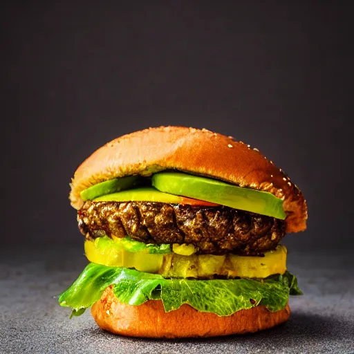 Image similar to juicy vegan hamburger topped with pineapple and avocado, crispy buns, 8 k resolution, food photography, studio lighting, sharp focus, hyper - detailed