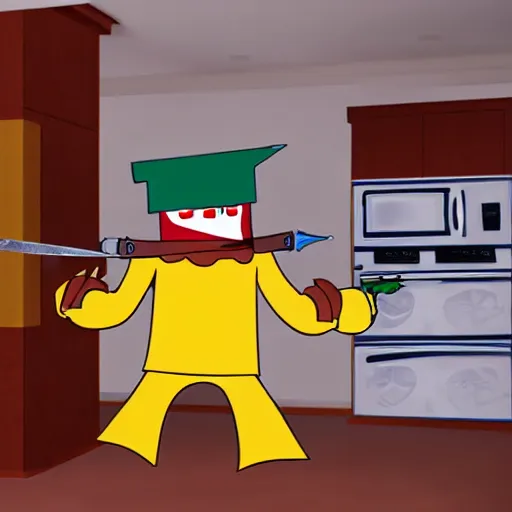 Image similar to boxman wielding a sword inside a kitchen