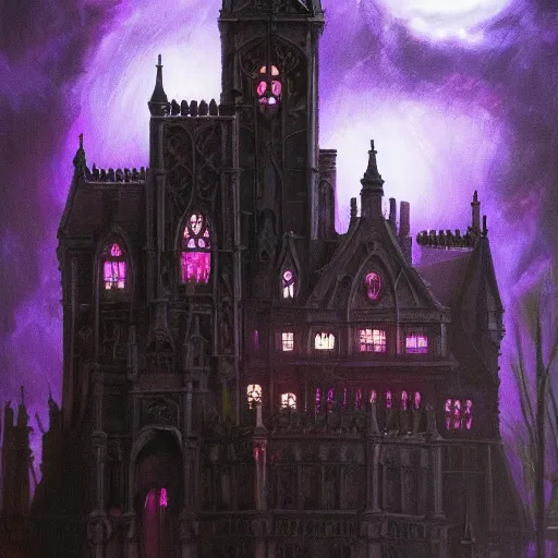 Prompt: dark and stormy eerie ornate gothic castle with lightning, extremely detailed, oil painting, 8k, trending on artstation, full moon, covered in purple tendrils