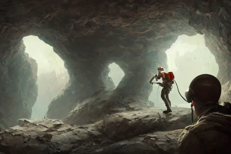 Prompt: a guy with a helmet explores a cave where papers with pictures hang from the walls, expressive oil painting, digital art, by dan mumford, by greg rutkowski, volumetrics, octane render