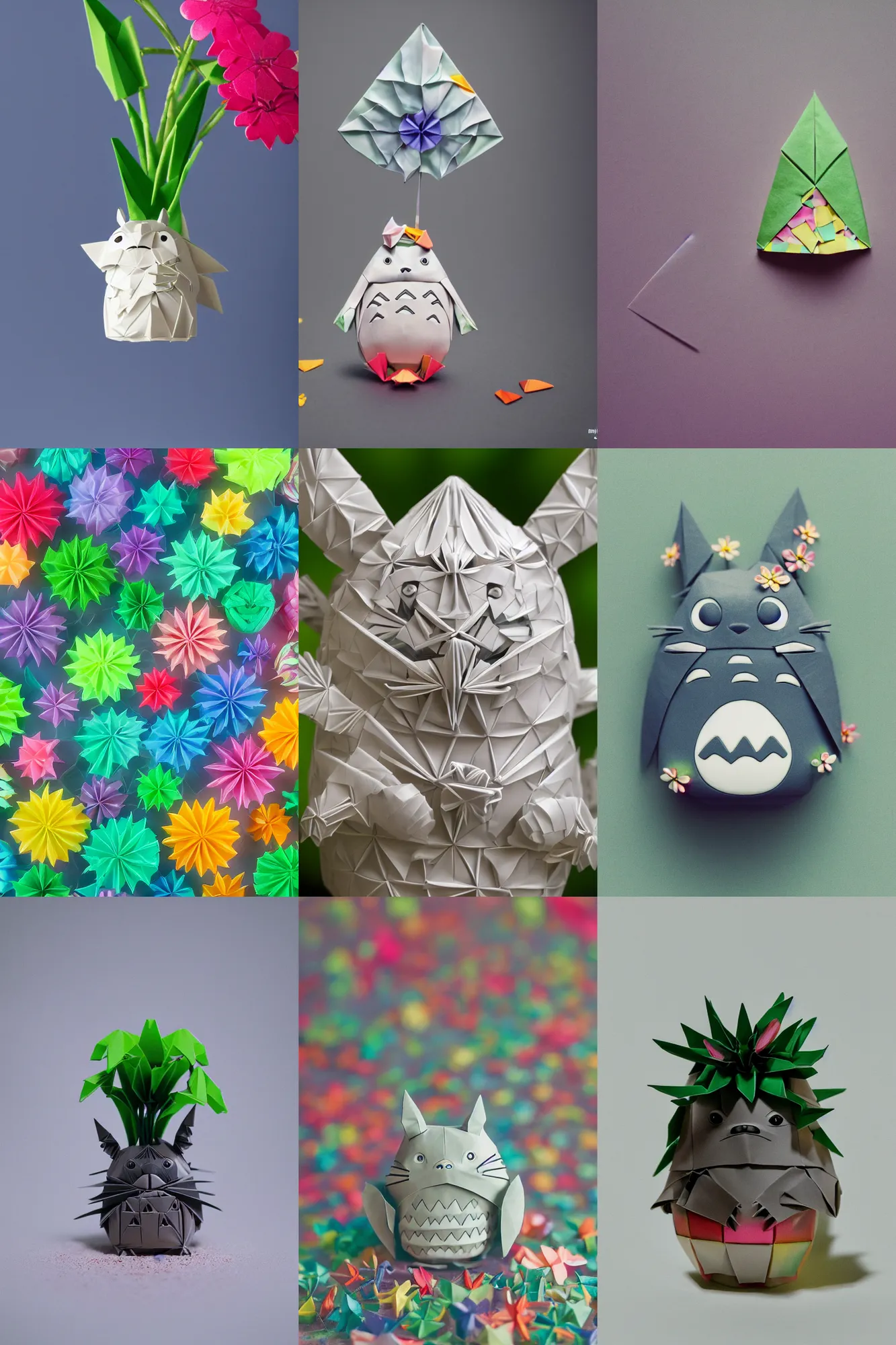 Prompt: totoro in film still with a full still life film still commercial extreme closeup photo of real - life intricate origami rainbow porcelain plant, perfect eyes, tilt shift real - life translucent glass origami flower background, cinestill, 8 k