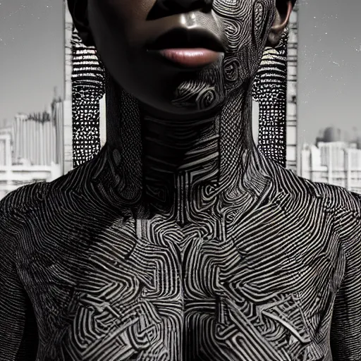 Prompt: : black human with maze pattern skin all over hyper detailed art station  dalle2 unity gigapixel  unrealengine trending on artstation,cinematic, hyper realism, high detail, octane render, 8k