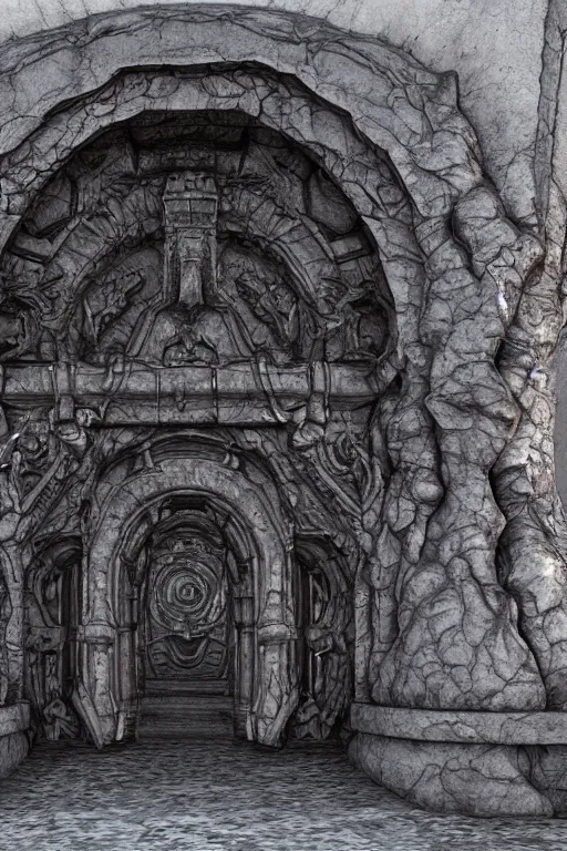 Image similar to a portal gate to hell. hyper - detailed. cast iron. ominous shapes. epic. sinister. medieval. hyper - realistic. octane render