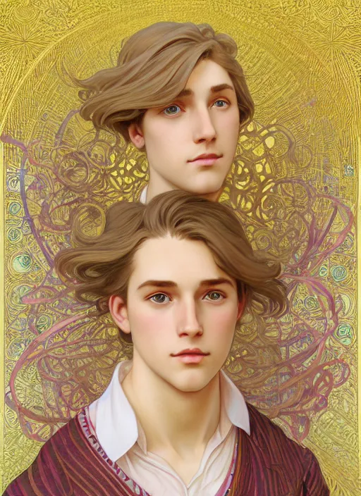 Image similar to pretty young man with shoulder length shiny shimmering golden blond hair, half body shot, emotional, decorative flower patterned background, path traced, highly detailed, high quality, digital painting, by studio ghibli and alphonse mucha, leesha hannigan, hidari, disney, jules bastien - lepage, art nouveau