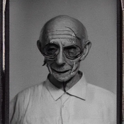 Image similar to a realistic polaroid photo of an old man after a failed experiment inside a laboratory, the head of the old man is deformed and dark, cosmic horror