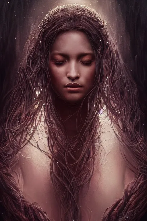 Image similar to majestic and regal portrait of a beautiful young female dark goddess!!, intricate, epic, elegant, menacing, fantasy, highly detailed, digital painting, hard focus, beautiful volumetric lighting, epic light, ultra detailed, souls, smoke, by leesha hannigan, ross tran, thierry doizon, kai carpenter, ignacio fernandez rios