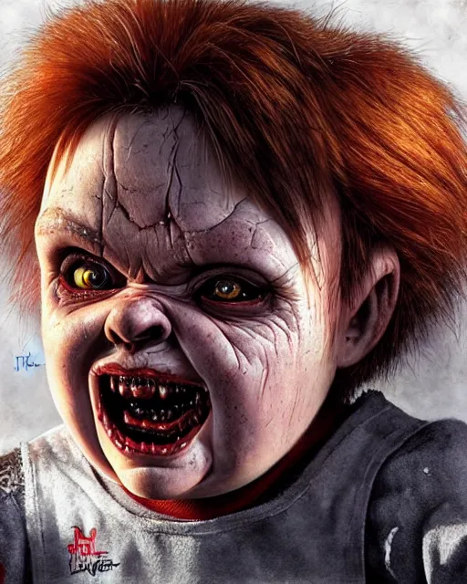 Image similar to chucky, hyper realistic face, horror, fantasy art, in the style of greg rutkowski, intricate, hyper detailed