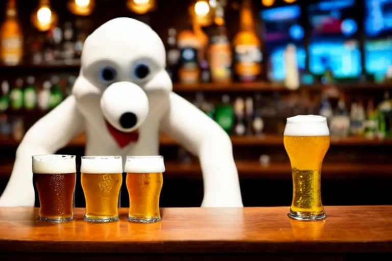 Image similar to a anthropomorphic pint of beer, who is a customer, waits to be served by a bartender