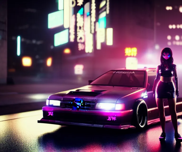 Image similar to toyota jzx 1 0 0 drift with cyberpunk girl standing, detailed - wheels, shibuya prefecture, cinematic lighting, photorealistic, night photography, octane render