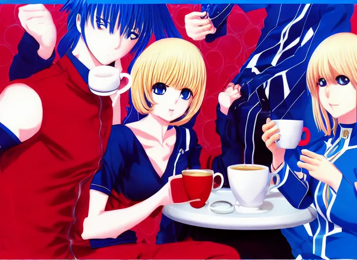 Image similar to anime KOF Kula Diamond drinking coffee, Karolis Strautniekas,omoide emanon, tsuruta kenji, murata range,kawaii, kyoto animation, manga, intricate, detailed, studio lighting, blue red black, gradation,editorial illustration, matte print, Ilya Kuvshinov