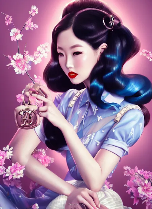 Image similar to a pin up and beautiful fashion dreamlke japan girl with lv jewelry, character art, art by artgerm, wlop, loish, hyperdetailed, 8 k realistic, symmetrical, global illumination, radiant light, frostbite 3 engine, cryengine, dof, trending on artstation, digital art, chanel, dior, detailed background