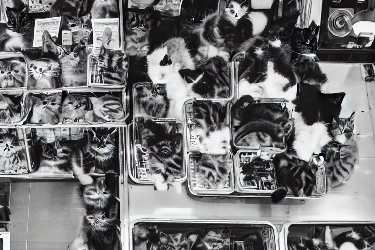 Image similar to overhead view, surveillance, black and white, a pet store with kittens sitting on the floor