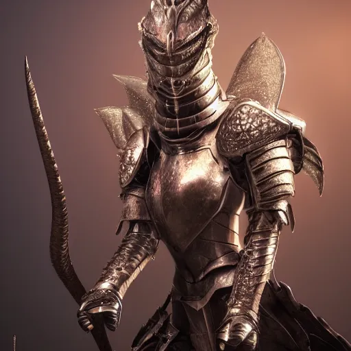 Image similar to highly detailed realistic shot of a stunning anthropomorphic female knight but as a dragon, doing a majestic and elegant pose, armor made of steel, sharp claws, HD octane render, epic cinematography, fantasy, Artstation, Deviantart, Furaffinity