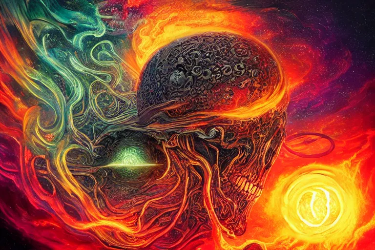 Image similar to a giant skull with deep and intricate rune carvings and glowing eyes with thick lovecraftian tentacles emerging from a space nebula by dan mumford, twirling smoke trail, a twisting vortex of dying galaxies, digital art, photorealistic, vivid colors, highly detailed, intricate