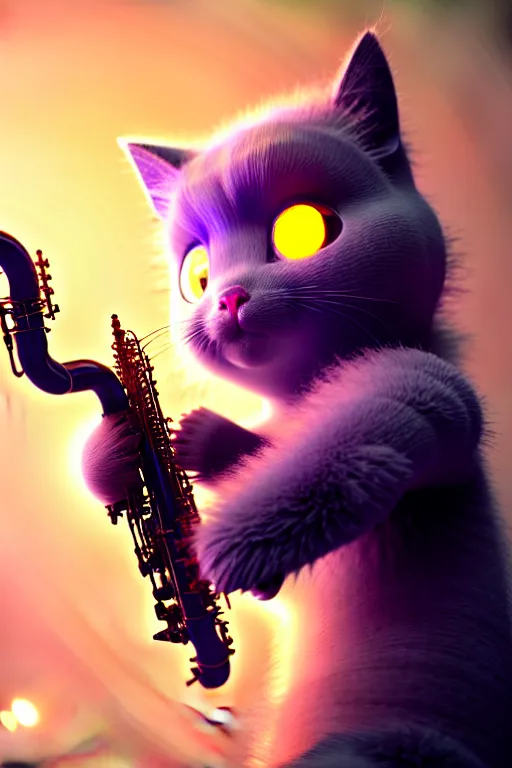 Image similar to high quality 3 d render very cute fluffy cyborg!! cat plays saxophone, cyberpunk highly detailed, unreal engine cinematic smooth, in the style of blade runner & detective pikachu, hannah yata charlie immer, moody light, low angle, uhd 8 k, sharp focus