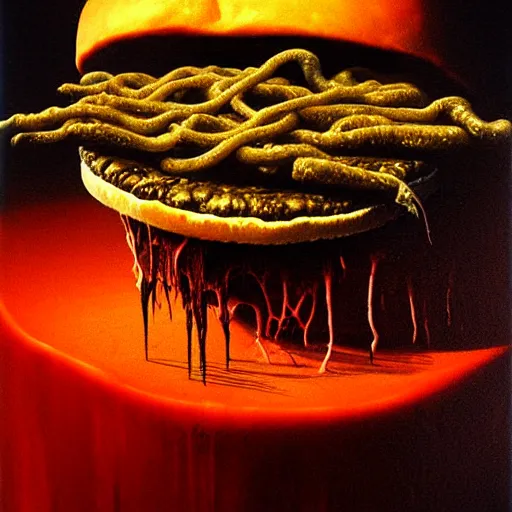 Image similar to horrifying eldritch cheeseburger, painting by zdzisław beksinski, product photograph, 4 k, dark atmosphere, horror, veins, oozing slime