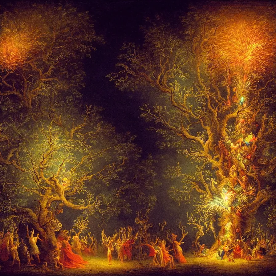 Image similar to closeup of a night carnival inside a tree cavity in a magical forest in the middle of a summer storm, with a music scenario with many fireworks and christmas lights, volumetric lightning, instense god rays in the sky, folklore people disguised with fantastic creatures in a magical forest by summer night, masterpiece painted by fragonard, very coherent and colorful high contrast masterpiece,