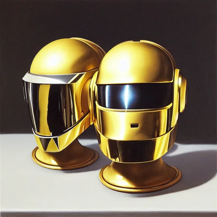 Image similar to still life painting of a daft punk helmets by pieter claesz, oil on canvas, strong lighting, highly detailed, hyper realism, golden hour, god rays, hd, 4 k