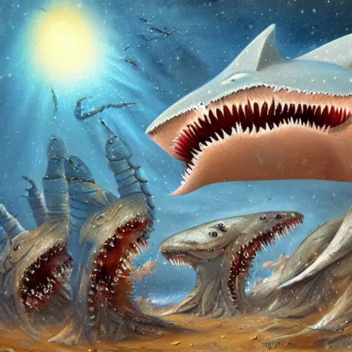 Image similar to a giant trypophobia shark worm attacks warriors in a snowy desert by the tony sart