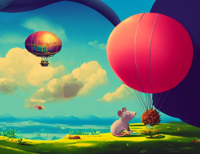 Image similar to adventurer mouse travelling on a vaporwave blimp above tropical landscape. complementary colors, gouache, indie concept art, bloom, chiaroscuro, backlighting, intricate details.