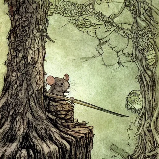 Image similar to Mouse Guard sits on a stump holding a sword, in deep forest, by rivuletpaper, rivuletpaper art, Mouse Guard by David Petersen, mouse photo, small details, realistic illustration, illustrations by irish fairy tales james stephens arthur rackham