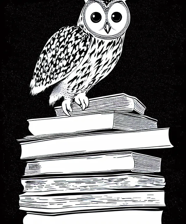 Prompt: owl perched on top of a stack of books, art by james o barr, black ink, black and white, vector, vector art