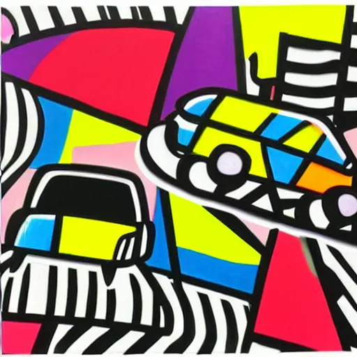 Prompt: cars in the city, painting by romero britto