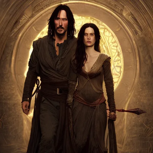 Image similar to keanu reeves as aragorn and kaya scodelario as arwen by leonardo divinci, greg rutkowski, alphonse mucha, mystical cosmic lighting, octane render, artstation, rey tracing, golden ratio, rule of thirds, perfect composition