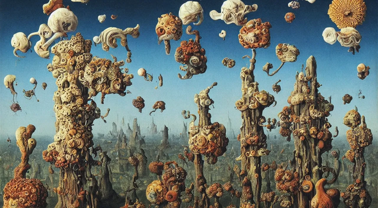 Image similar to a single colorful! ( lovecraftian ) fungus tower white! clear empty sky, a high contrast!! ultradetailed photorealistic painting by jan van eyck, audubon, rene magritte, agnes pelton, max ernst, walton ford, andreas achenbach, ernst haeckel, hard lighting, masterpiece