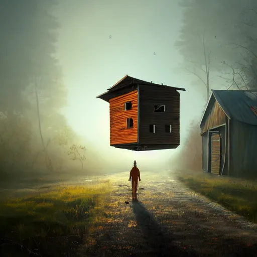 Image similar to a walking wood and metal house with two mechanical legs and two eyes, rust, hyperrealistic, highly detailed, cinematic, single ray of sun, morning, fog, city in background, beautiful, cgssociety, artstation, 8 k, oil painting, digital art