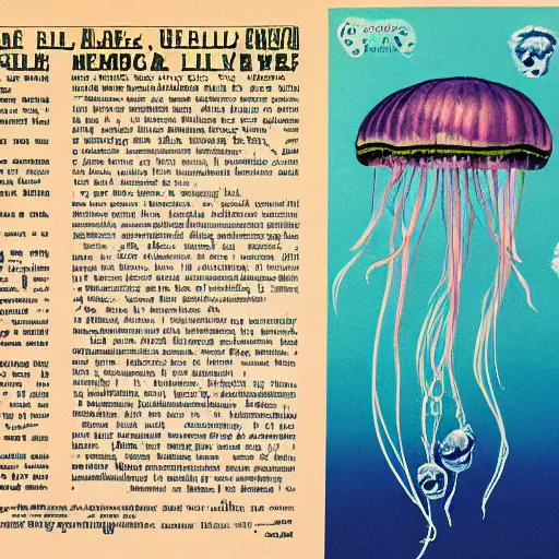 Image similar to jellyfish 4 dultra detailed big written words hello are missing limbs super detailed by printing magazine newspaper cinematic, realistic, intricate