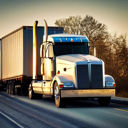 Image similar to an American style fuel transport truck on an interstate highway, high contrast, golden hour, photo from a company website